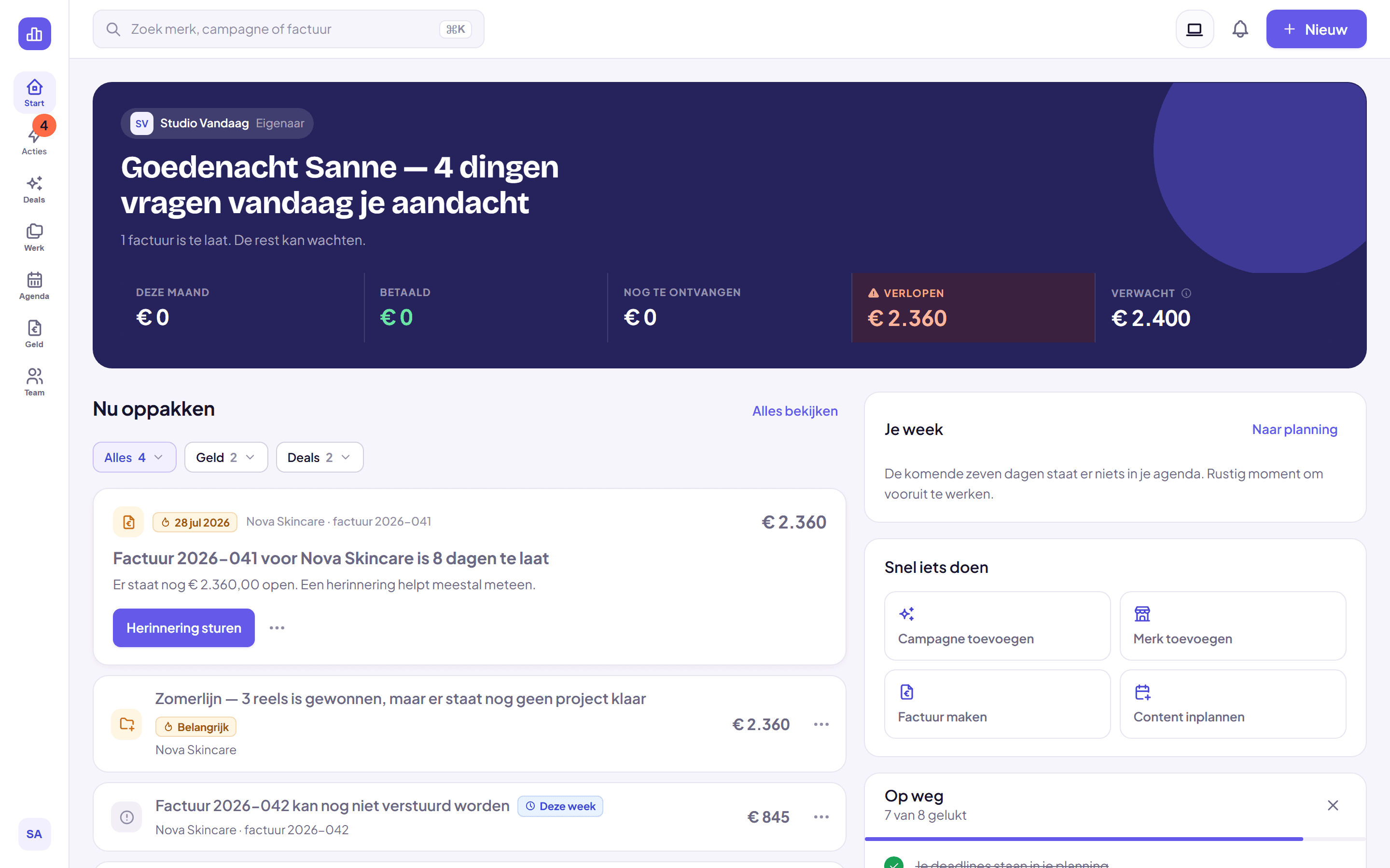 Het startscherm van Cloutify: wat vandaag je aandacht vraagt, met het openstaande bedrag erboven.